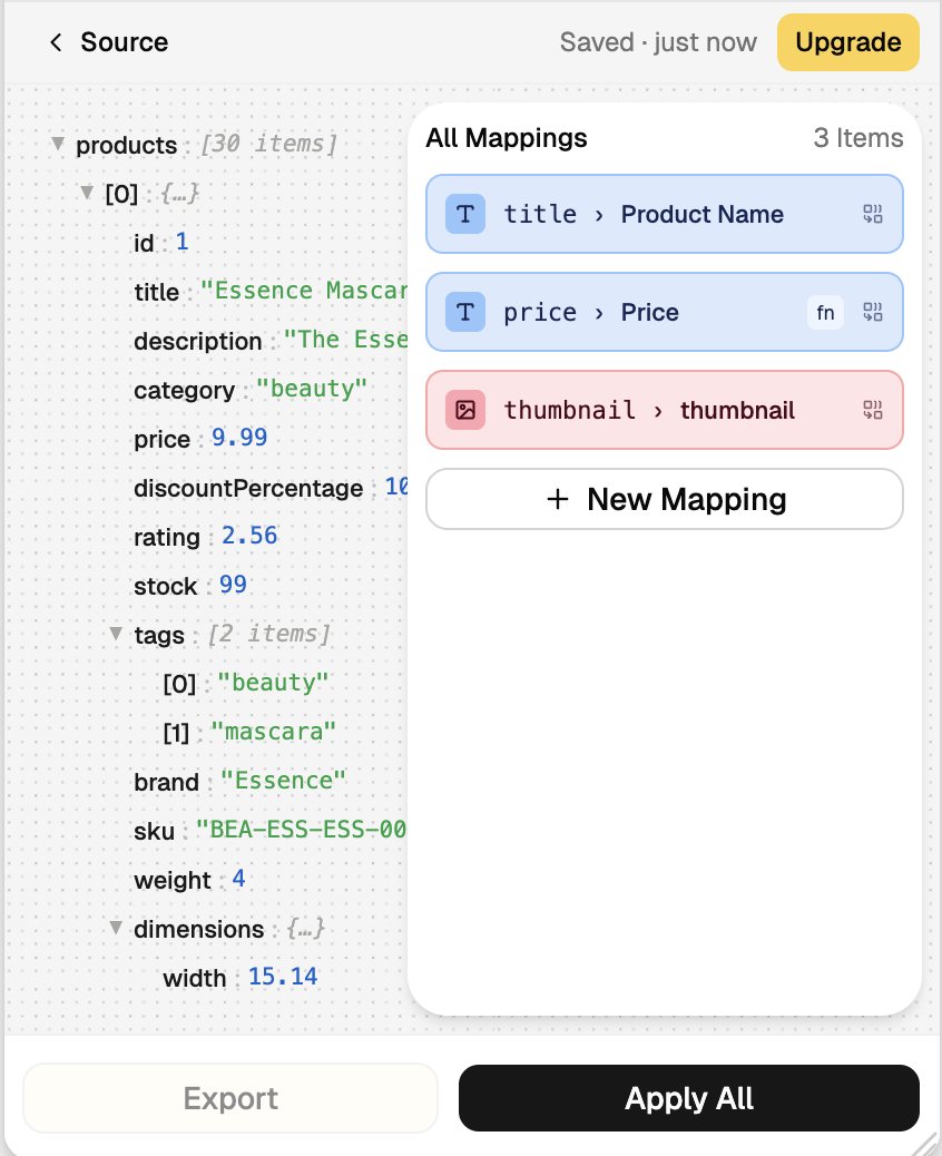 Paint By JSON plugin showing a JSON response on the left and three layer mappings (title, price, thumbnail) on the right.