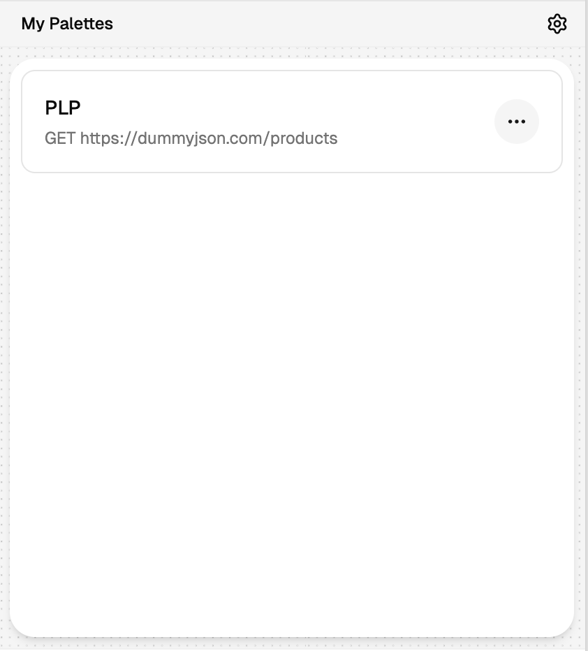 Paint By JSON plugin showing a saved palette named PLP bound to GET https://dummyjson.com/products.
