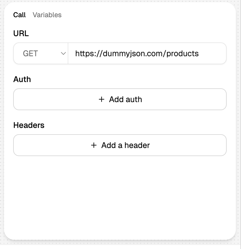 Paint By JSON plugin showing a URL field set to GET https://dummyjson.com/products, with Auth and Headers sections.